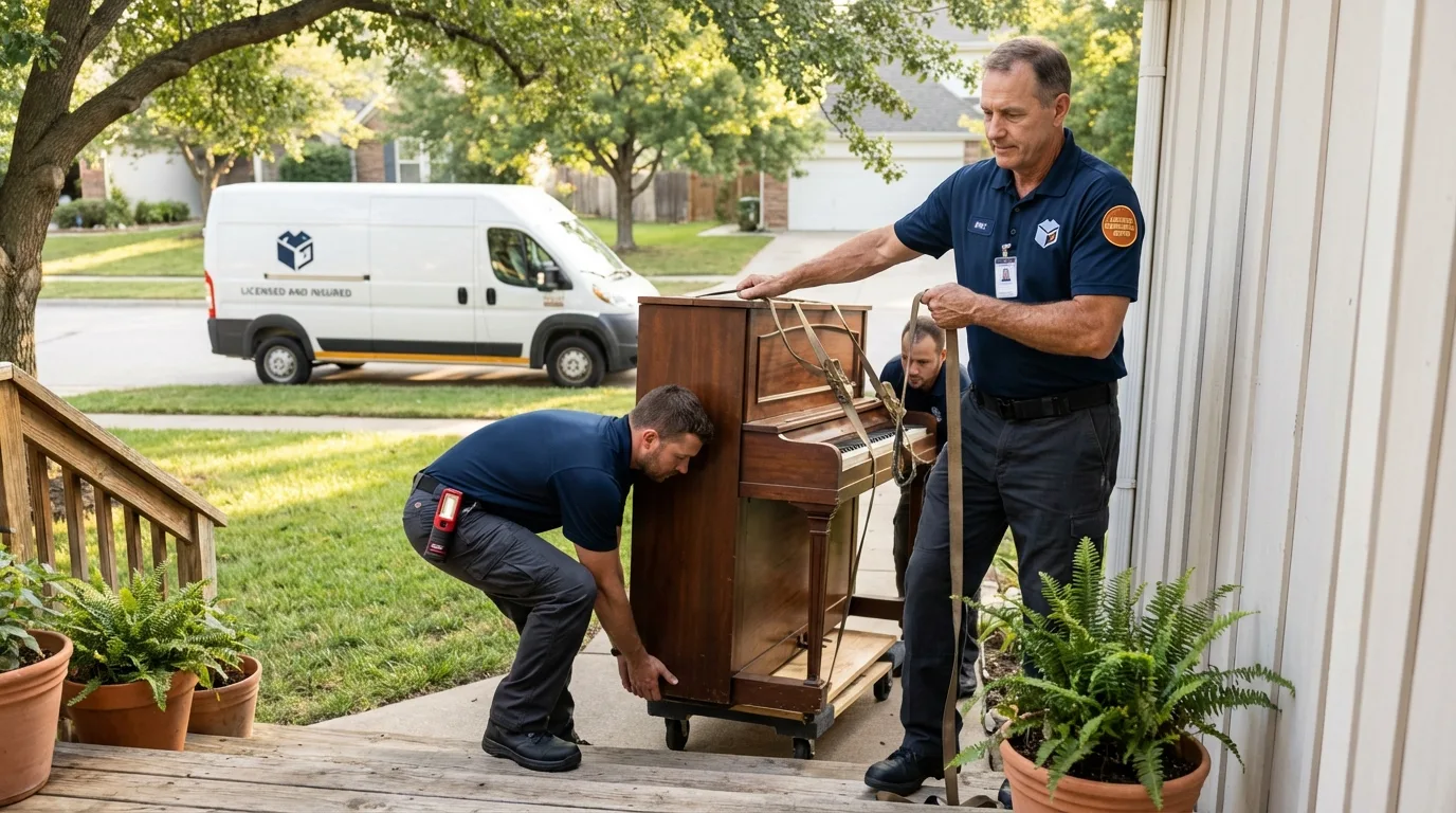 Licensed piano movers securing grand piano in Granville, IL