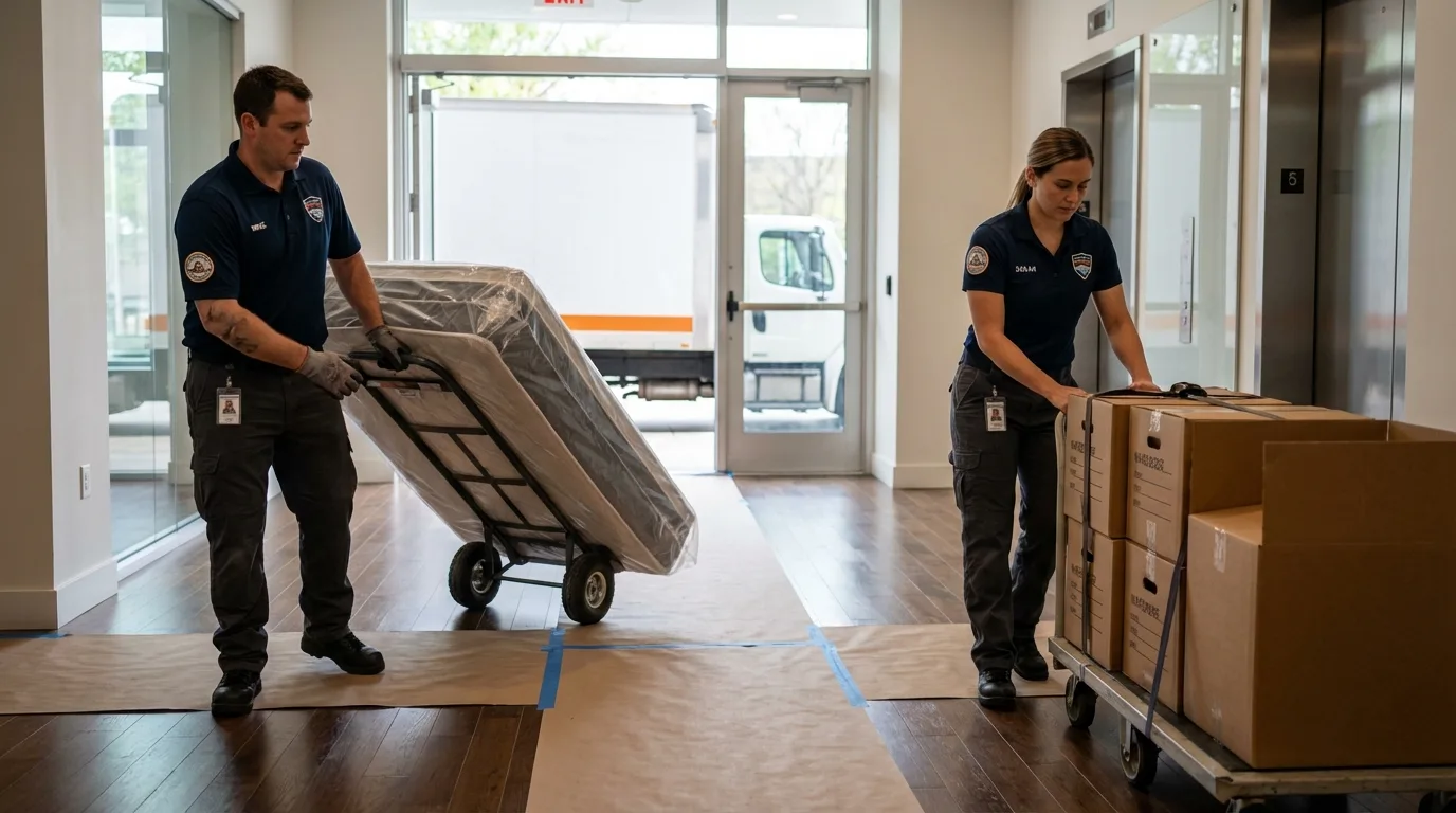 Professional apartment movers loading elevator in Granville, IL